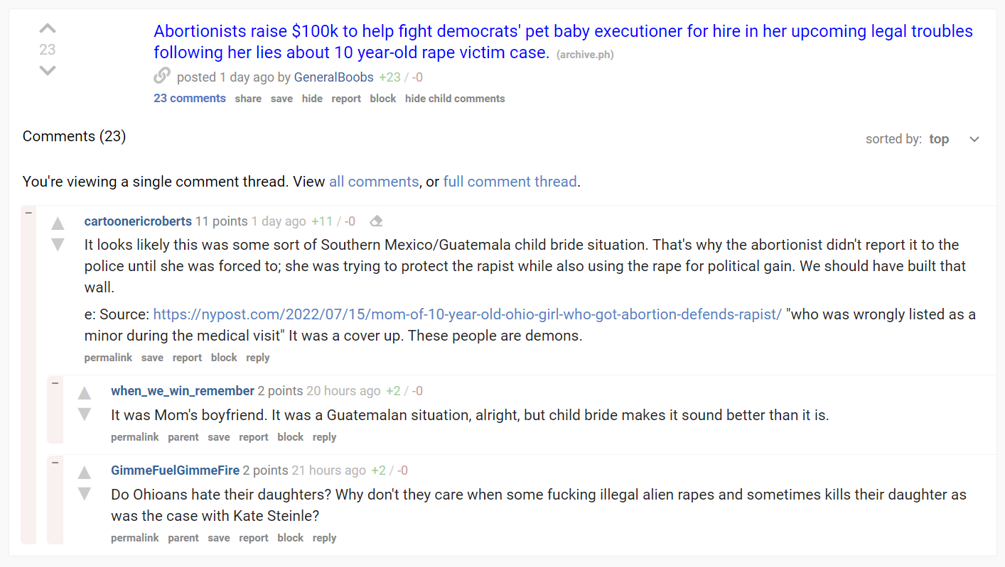 Image from blog site Kotakuinaction2 that reads "It looks likely this was some sort of Southern Mexico/Guatemala child bride situation. That's why the abortionist didn't report it to the police until she was forced to; she was trying to protect the rapist while also using the rape for political gain. We should have built that wall.  e: Source: https://nypost.com/2022/07/15/mom-of-10-year-old-ohio-girl-who-got-abortion-defends-rapist/ "who was wrongly listed as a minor during the medical visit" 
