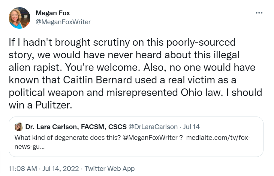 If I hadn't brought scrutiny on this poorly-sourced story, we would have never heard about this illegal alien rapist. You're welcome. Also, no one would have known that Caitlin Bernard used a real victim as a political weapon and misrepresented Ohio law. I should win a Pulitzer.