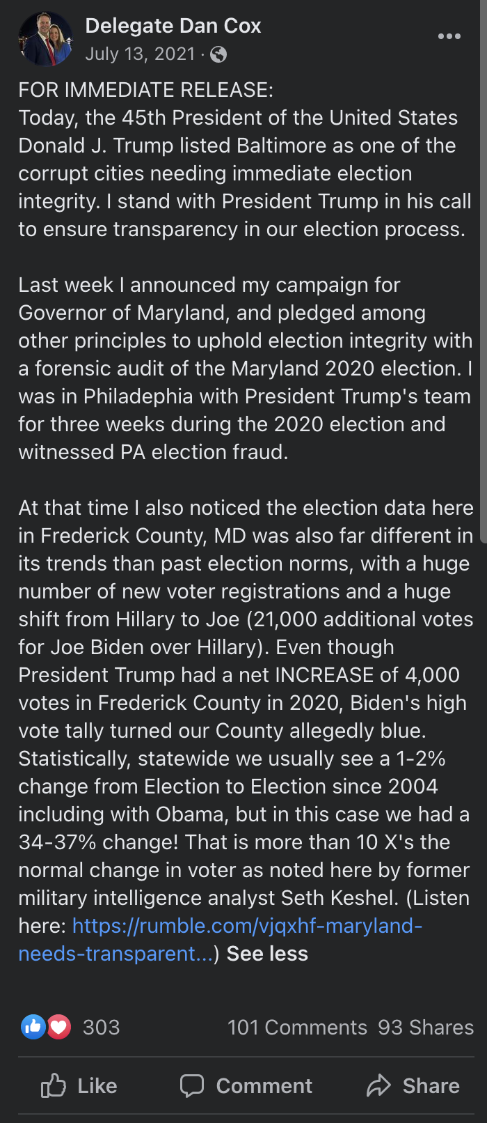 FB post from Dan Cox denying election results in Pennsylvania