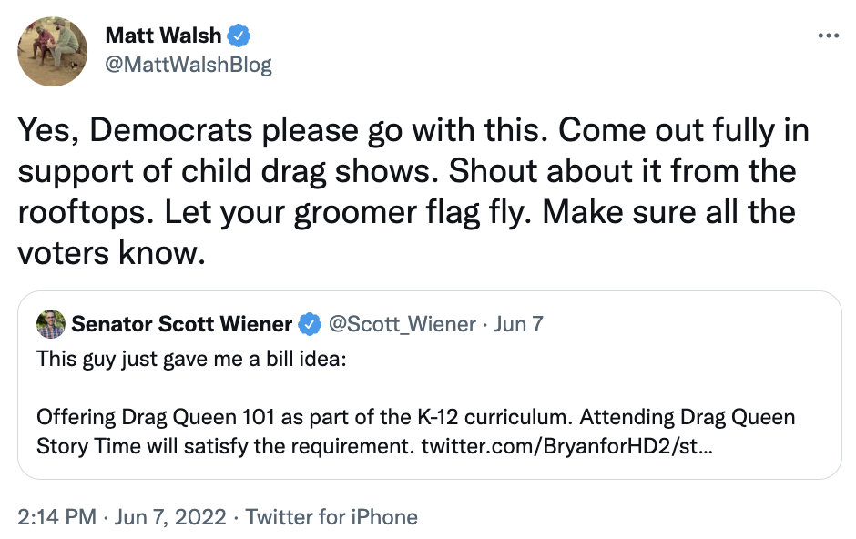 Walsh calls Weiner a groomer