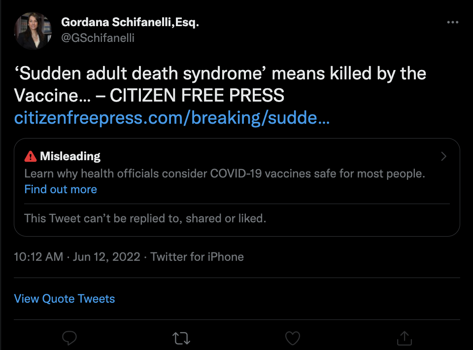 An anti-vaccine tweet from Gordana Schifanelli
