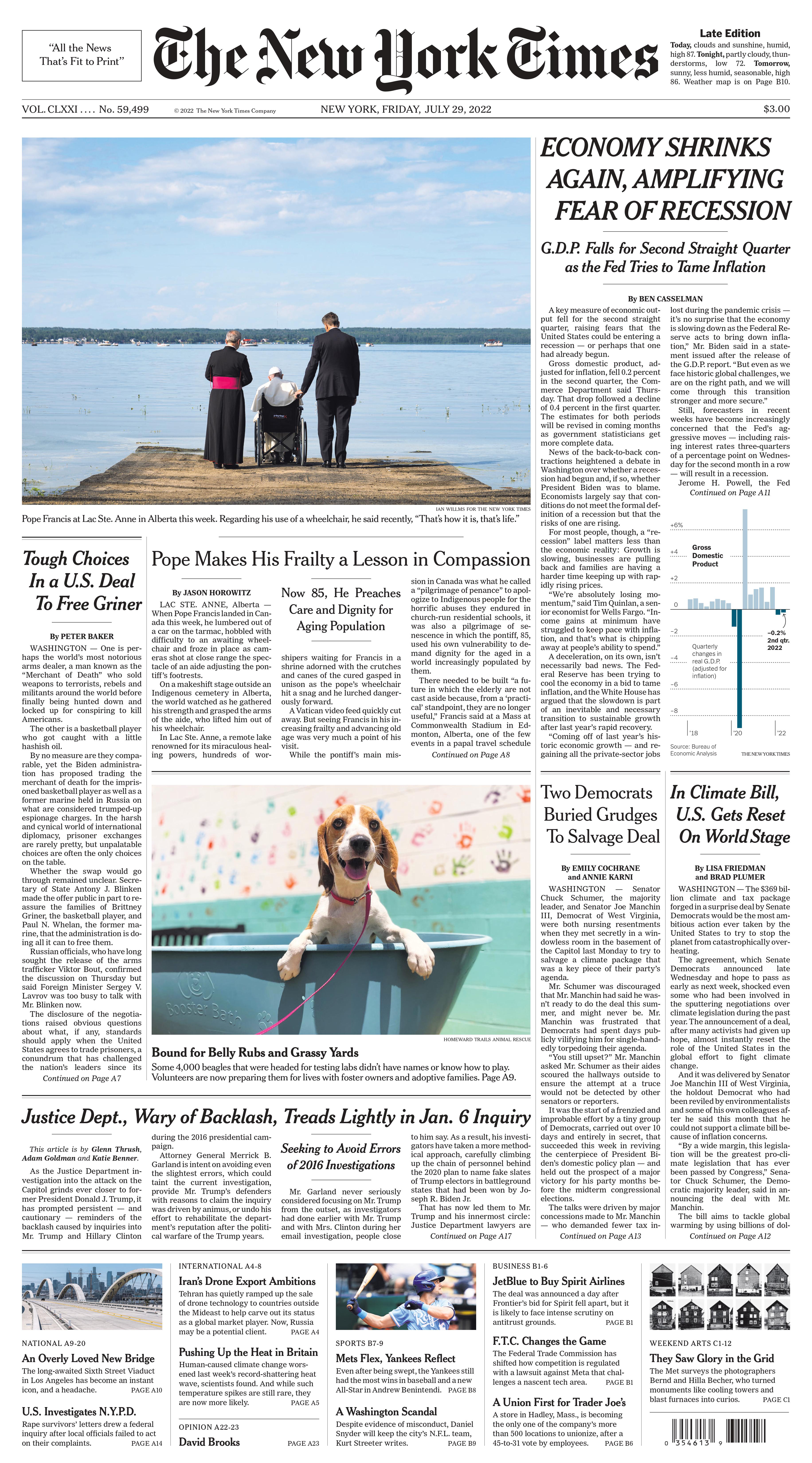 Front page of The New York Times on 7/29/22