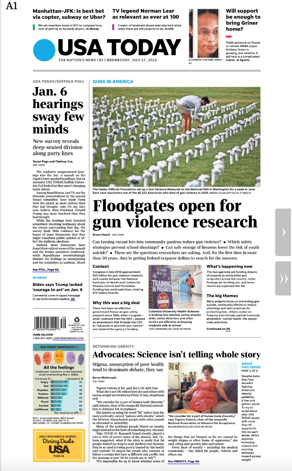 The front page of the USA Today on 7/27/22