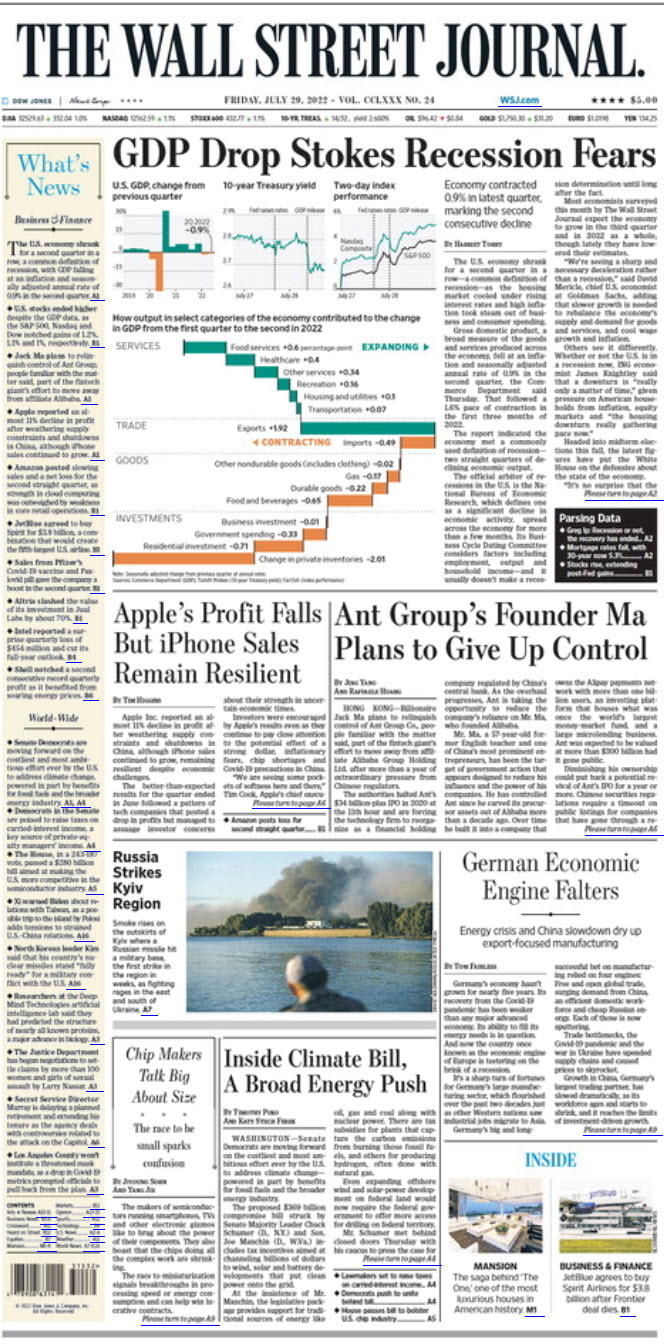 Wall Street Journal front page 7/27/22