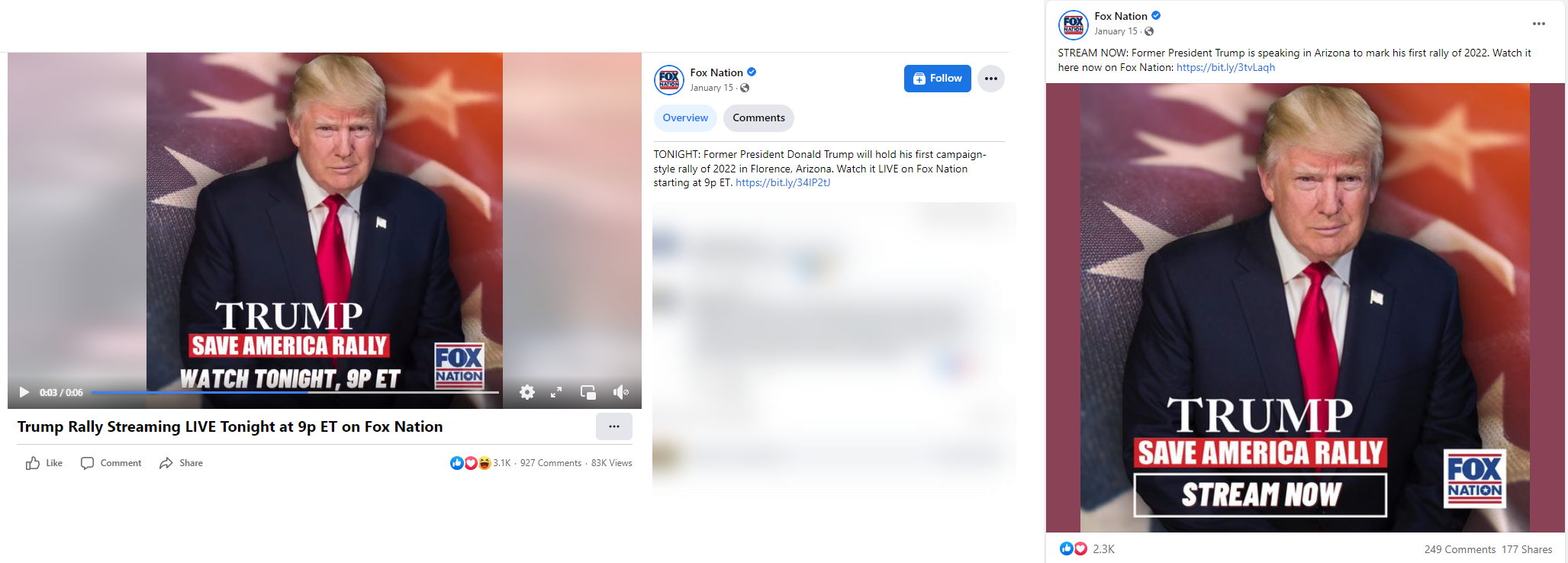 Fox Nation Facebook page promoting and sharing livestream of Trump rally in Arizona