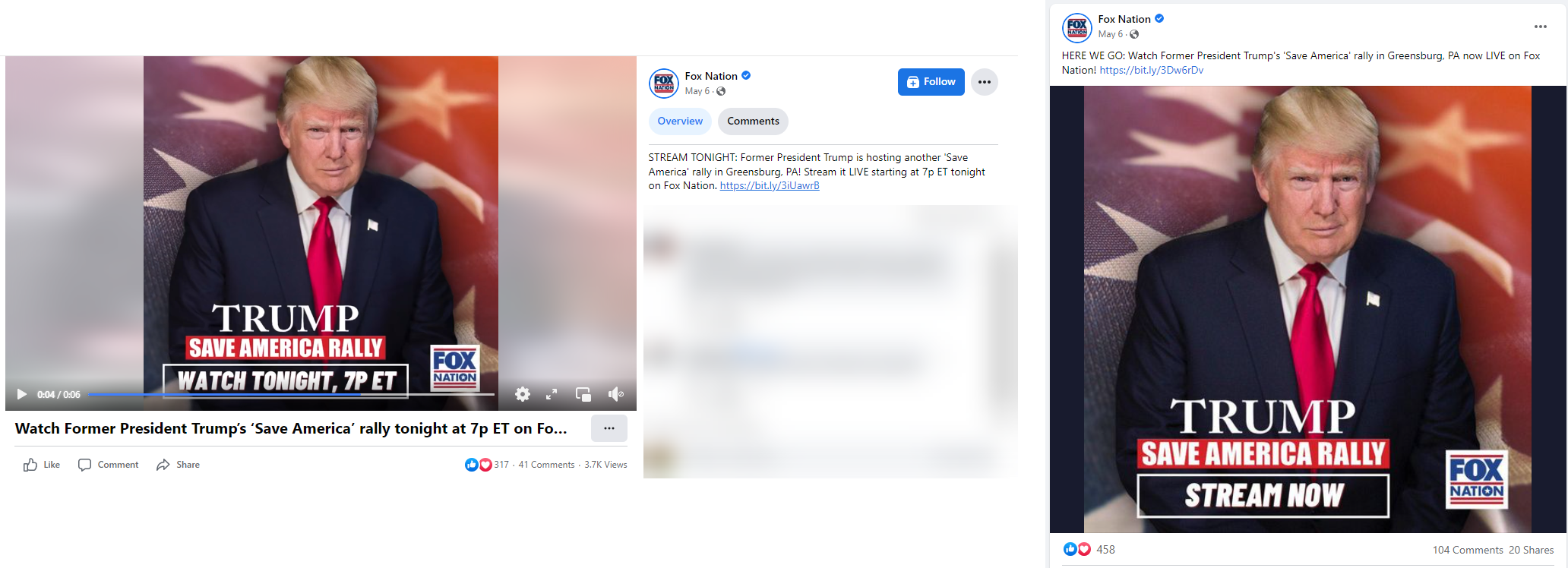 Fox Nation Facebook page promoting and sharing livestream of Trump rally in Pennsylvania