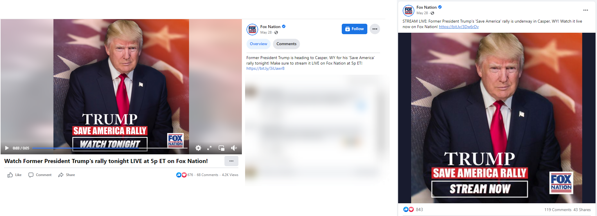 Fox Nation Facebook page promoting and sharing livestream of Trump rally in Wyoming