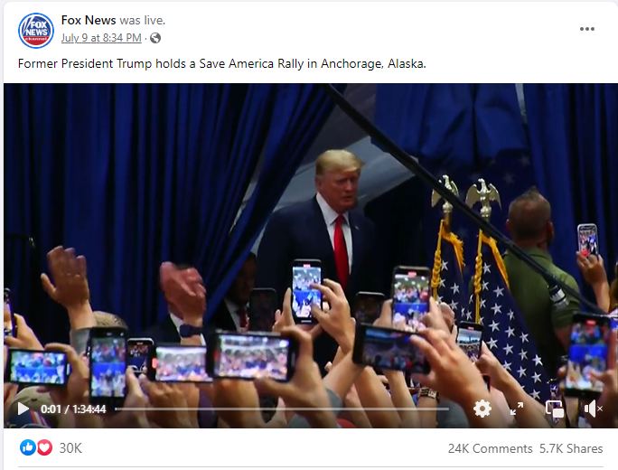 Fox News streaming a Trump rally in Alaska on Facebook