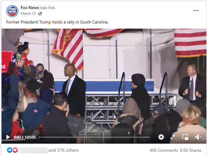 Fox News streaming a Trump rally in South Carolina on Facebook