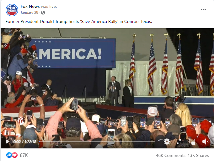Fox News streaming a Trump rally in Texas on Facebook