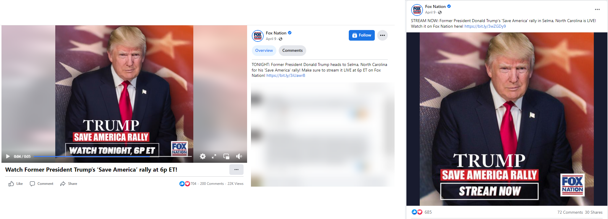 Fox Nation Facebook page promoting and sharing livestream of Trump rally in North Carolina