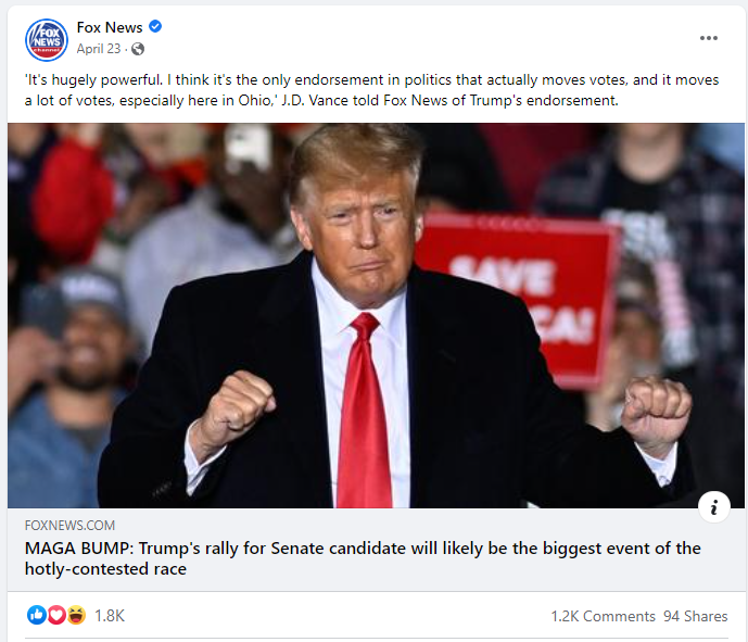 Fox News sharing Trump rally content article on Facebook 1