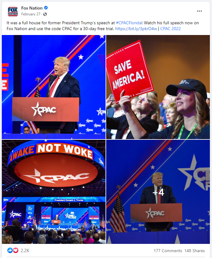 Fox Nation Facebook page promoting and sharing livestream of Trump speech at CPAC 2022