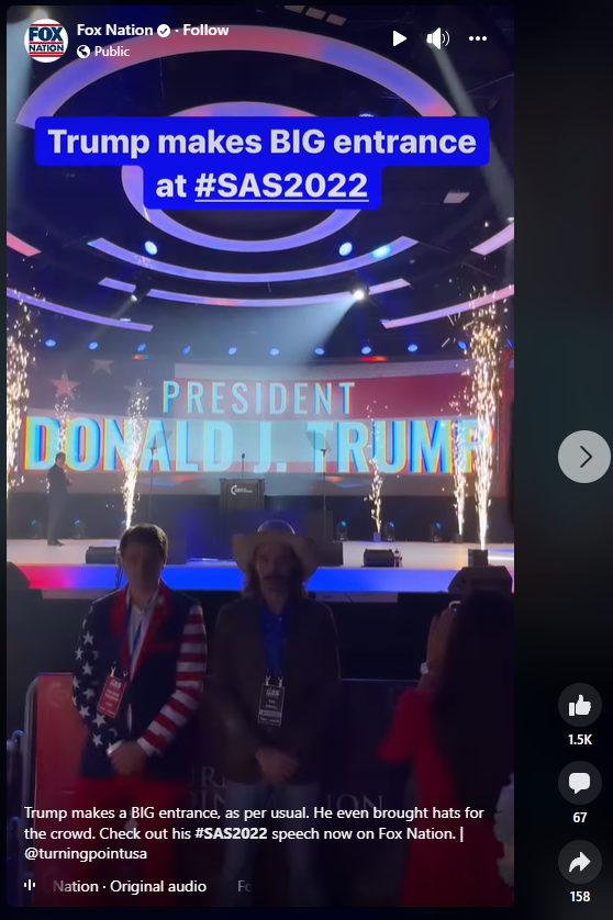 Fox Nation Facebook page sharing reel video of Trump's entrance at the Turning Point USA Student Action Summit in July 2022
