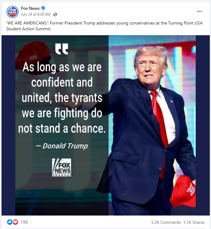 Fox News sharing Trump speech content image with quote from Turning Point USA Student Action Summit in July 2022