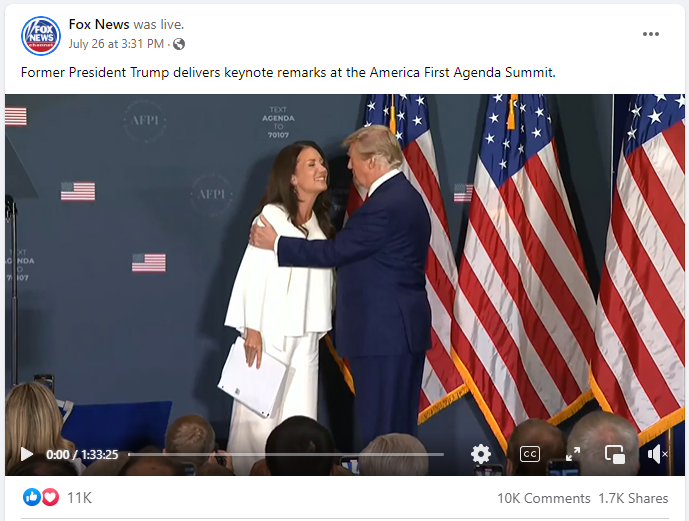 Fox News Facebook page sharing and promoting livestream of Trump's speech at the America First Policy Summit in July 2022