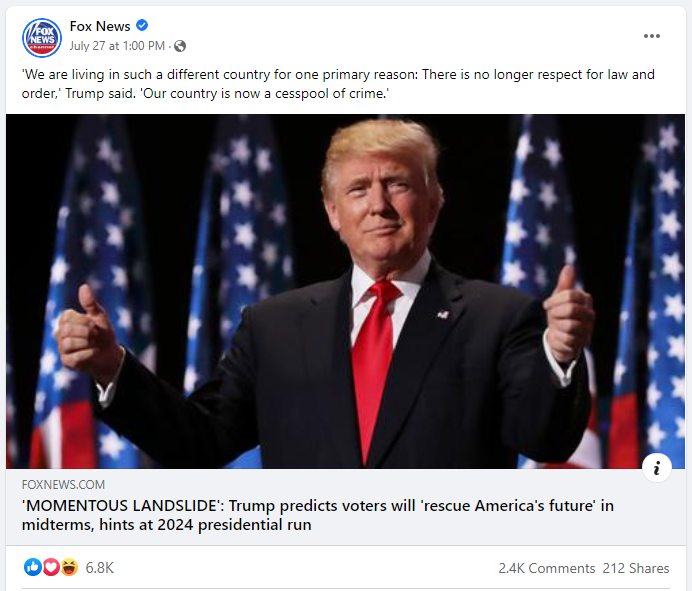 Fox News Facebook page sharing Trump speech content article from America First Policy Summit in July 2022