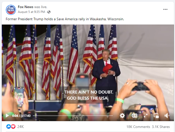 Fox News streaming a Trump rally in Wisconsin on Facebook