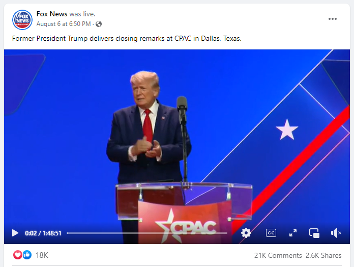 Fox News livestream of Trump's speech at CPAC Texas on Facebook