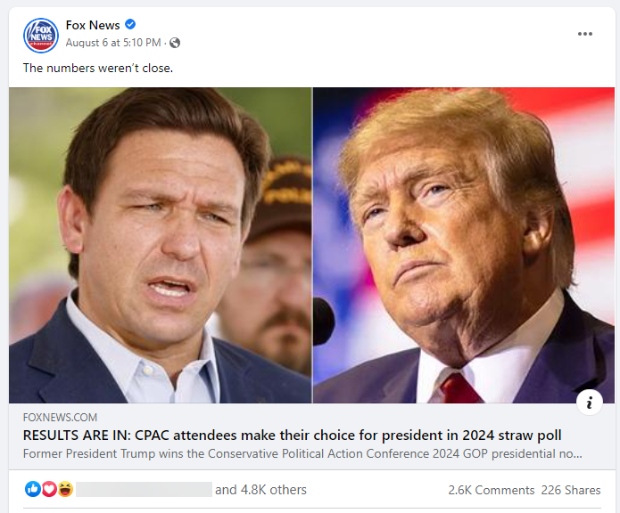Fox News Facebook page sharing and promoting Trump's speech at CPAC in Texas