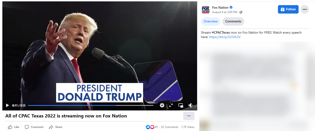 Fox Nation promoting livestream of Trump speech at CPAC Texas 2022