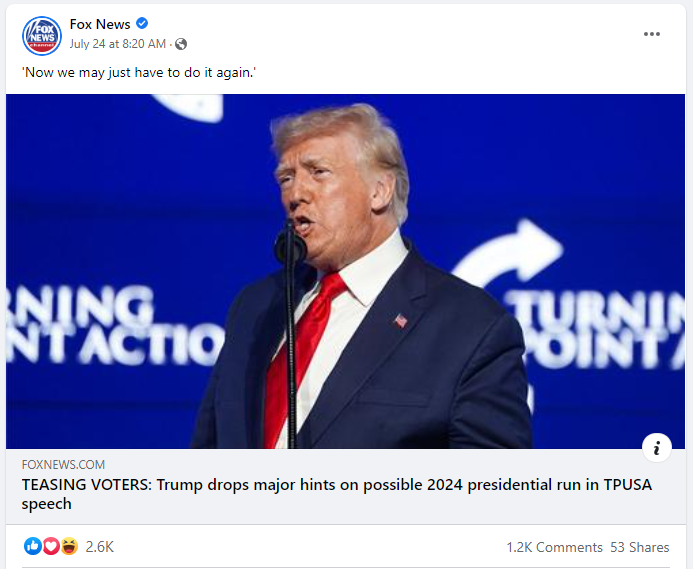 Fox News Facebook page sharing Trump speech content article from TPUSA SAS 2022 1