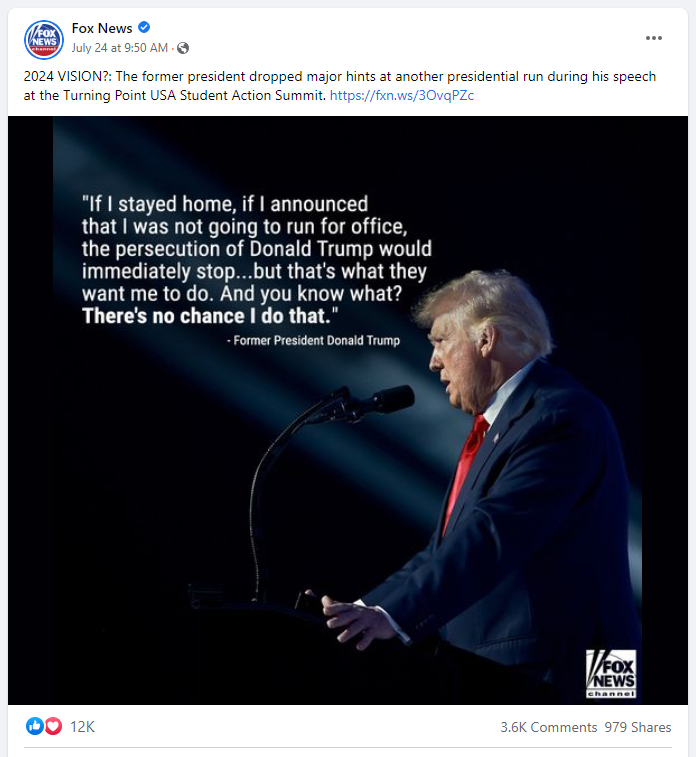 Fox News Facebook page sharing Trump speech content article from TPUSA SAS 2022 2