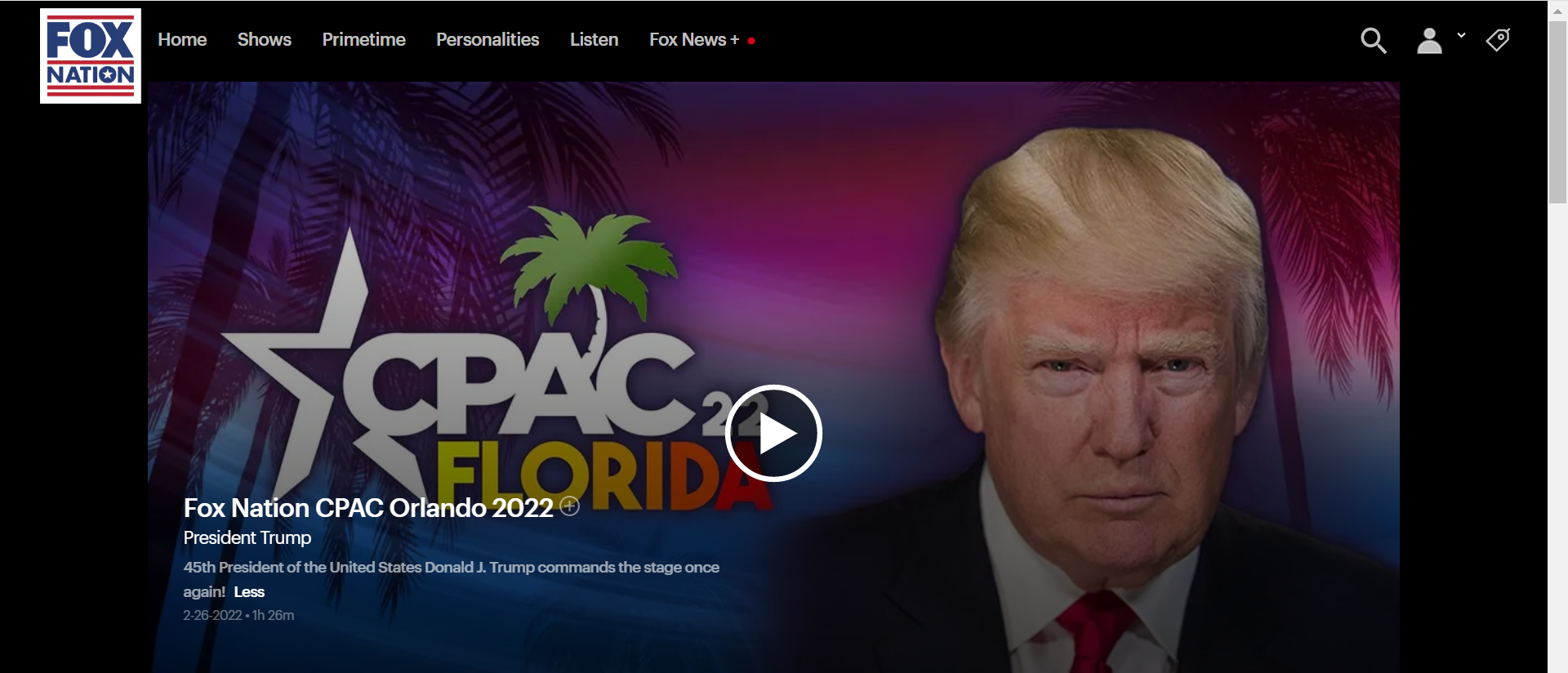 Fox Nation streaming Trump's February 2022 speech at CPAC Florida