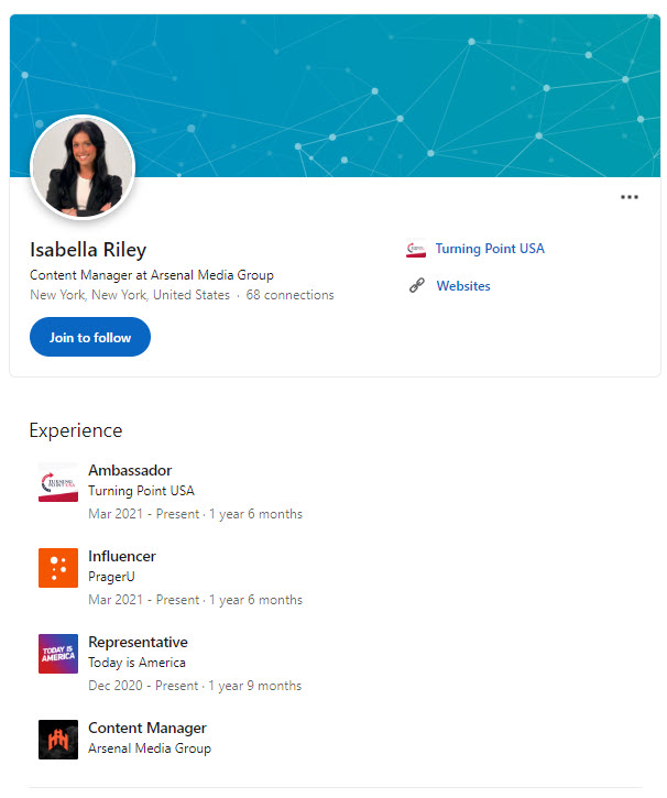 A screenshot of Isabella Riley's LinkedIn