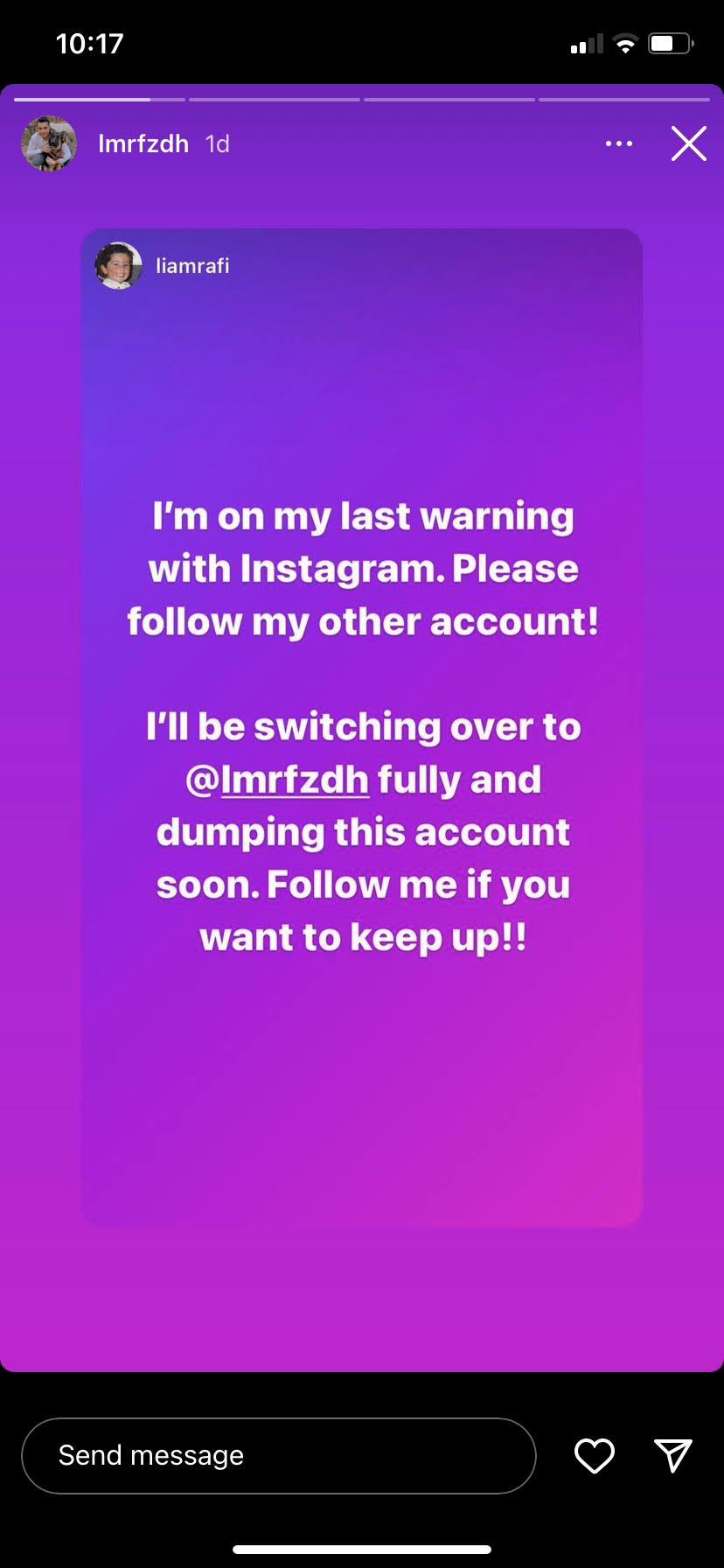 A screenshot of Liam's Instagram account saying he is on his last warning