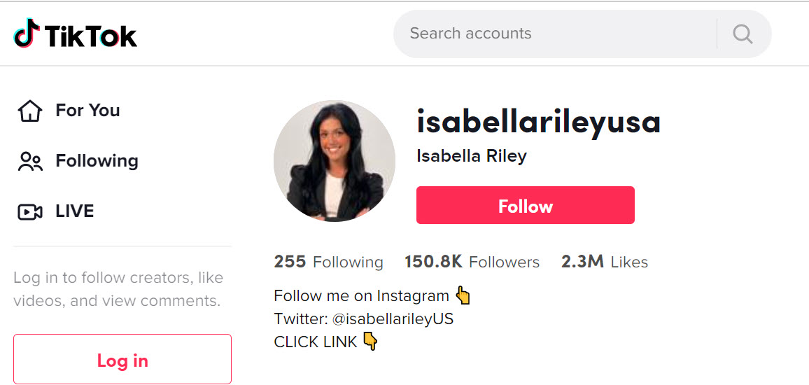 A screenshot of Isabella Riley's TiKTok follower count