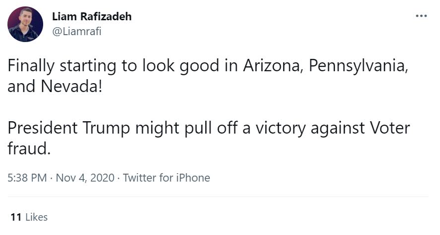 A screenshot of Liam tweeting about president Trump pulling off a victory against "voter fraud" 