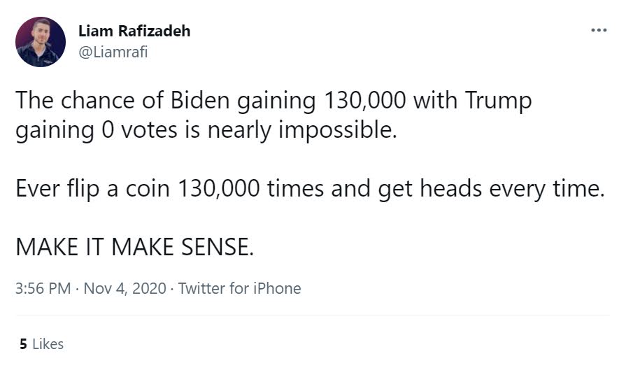 A screenshot of Liam's tweet pushing voter fraud rhetoric