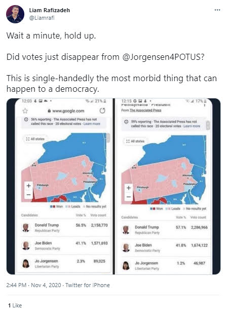 A tweet from Liam pushing voter fraud rhetoric