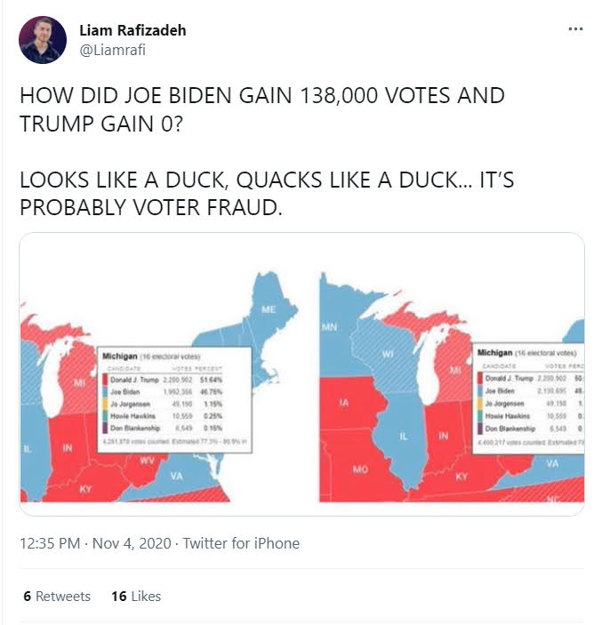 A tweet from Liam pushing voter fraud rhetoric