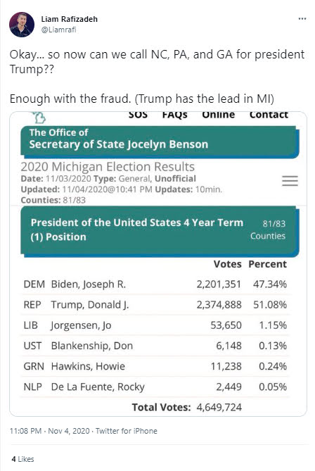 A tweet from Liam pushing voter fraud rhetoric