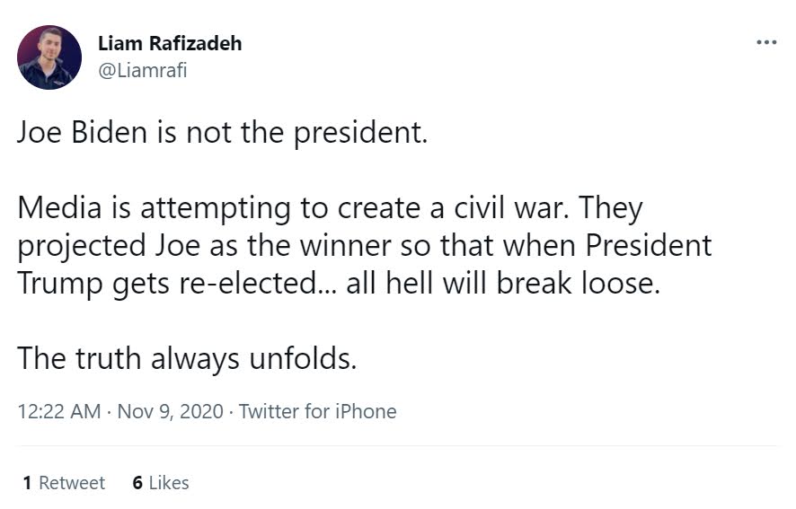 A tweet from Liam pushing voter fraud rhetoric