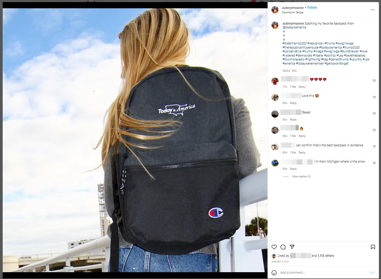A post from Aubrey Moore promoting TIA merchandise with a QAnon hashtag