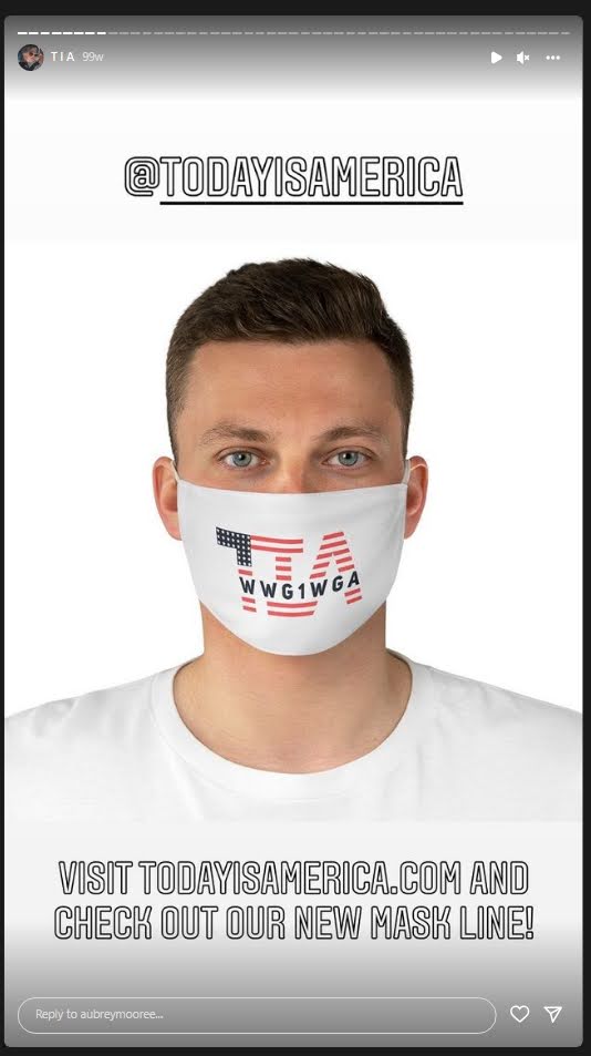 A screenshot of a post from Aubrey Moore showing a TIA mask that says wwg1wga