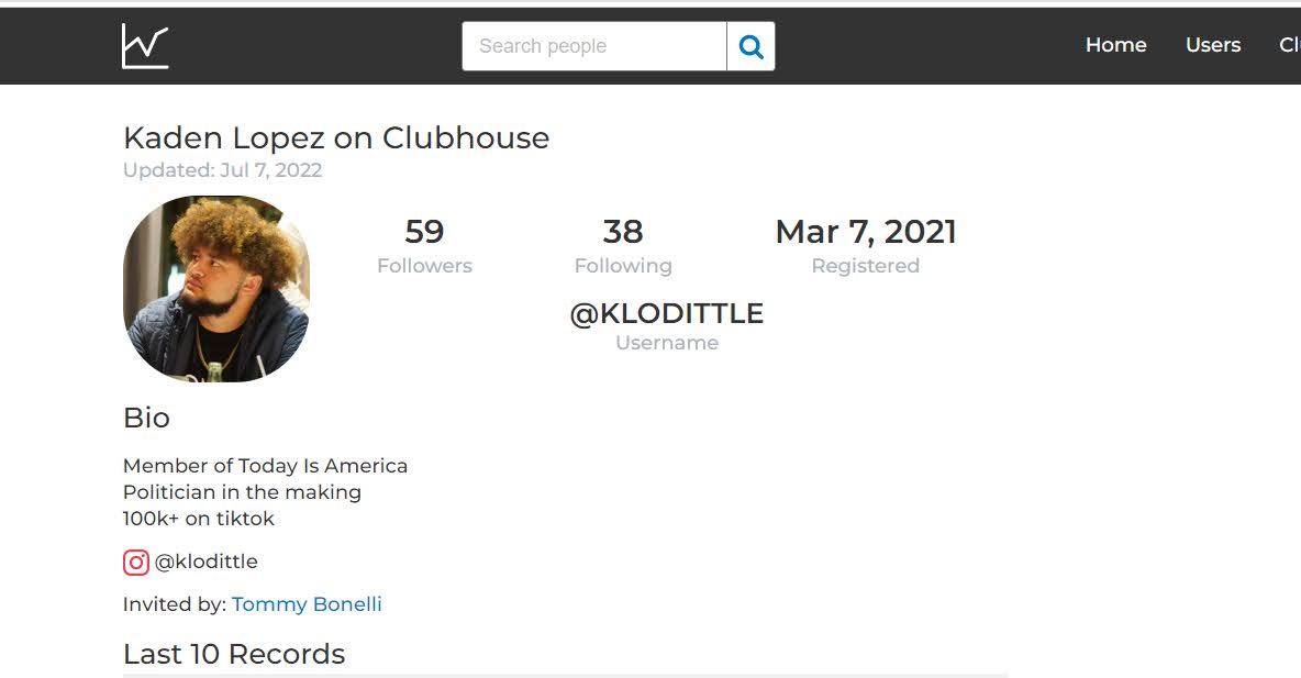 A screenshot of Kaden Lopez' clubhouse page