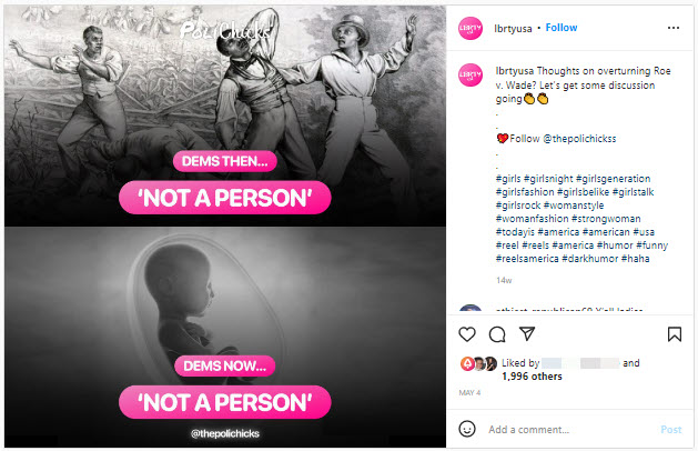 A screenshot of a meme from lbrtyusa, comparing abortion to slavery in the US