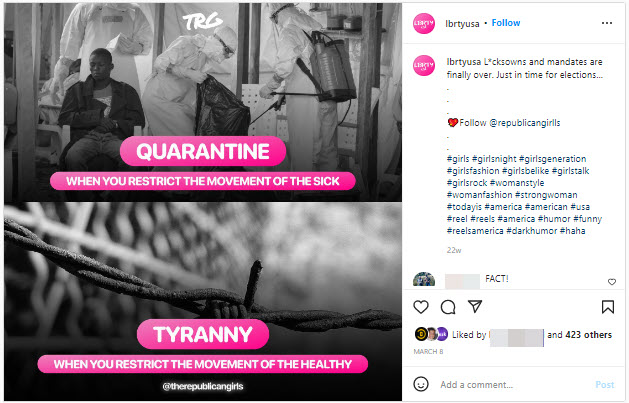 A screenshot of a meme from lbrtyusa, comparing COVID quarantine measure to tyranny