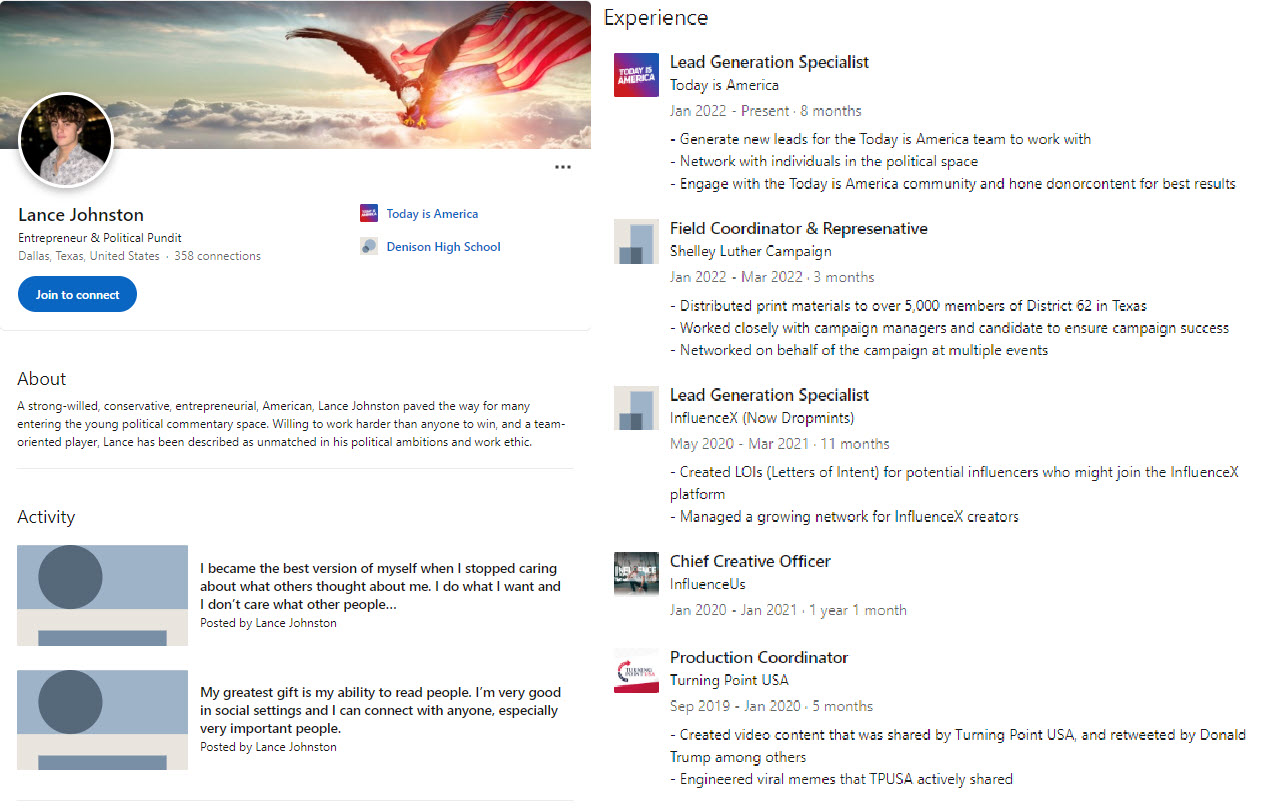 A screenshot of Lance's LinkedIn