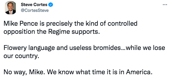 Mike Pence is precisely the kind of controlled opposition the Regime supports.  Flowery language and useless bromides…while we lose our country.  No way, Mike. We know what time it is in America.