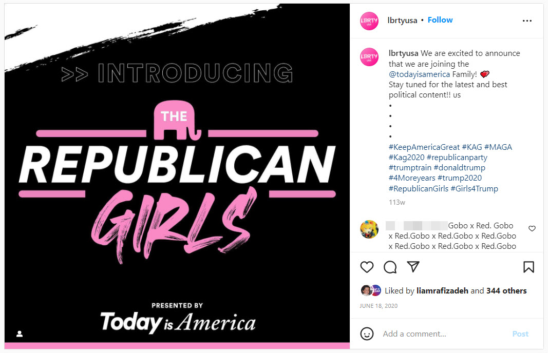 A screenshot of a post from lbrtyusa account when it was The Republican Girls 