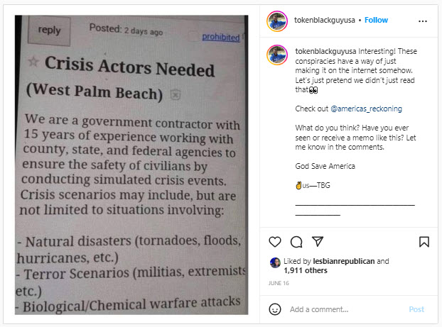 A screenshot of a post that promotes conspiracy theories around "crisis actors"