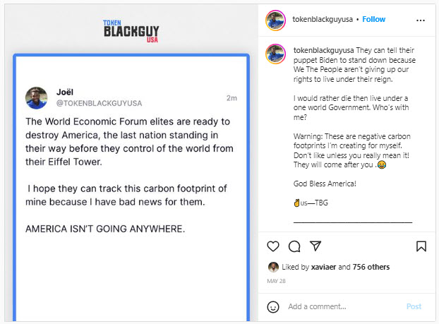 A screenshot of a post promoting conspiracy theory claiming Biden is a "puppet" of the world economic forum