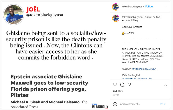 A screenshot promoting a conspiracy theory around the Clinton and the Epstein family 