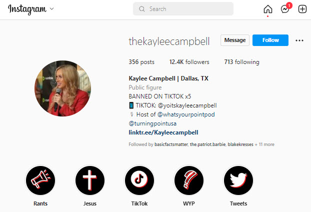 A screenshot of Kaylee's Instagram bio, showing that she hosts the What's your point podcast