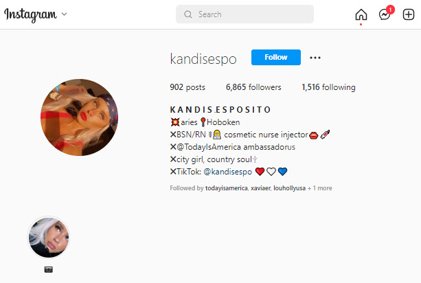A screen shot of Kandis Esposito's Instagram bio, showing that she is a TIA ambassador 